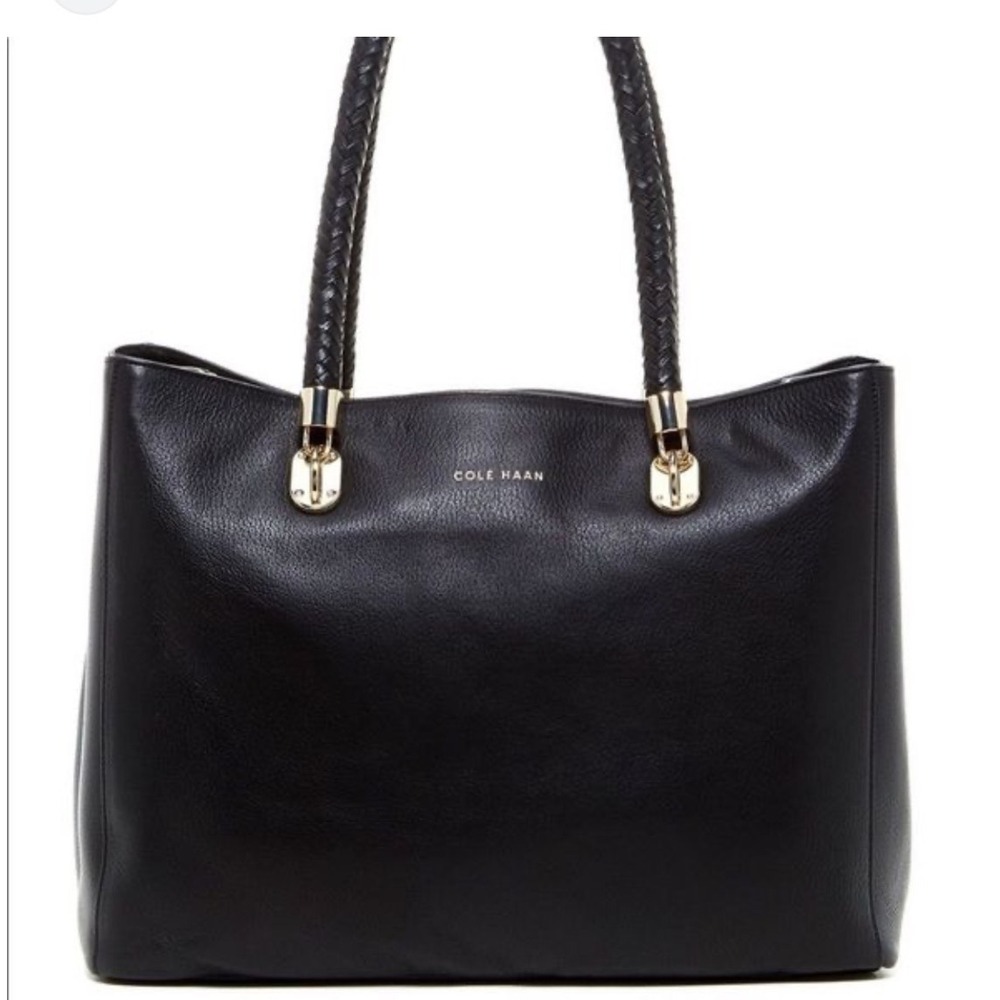 Cole Haan Vintage Y2K Black Pebbled Leather Braided Handle Tote Bag